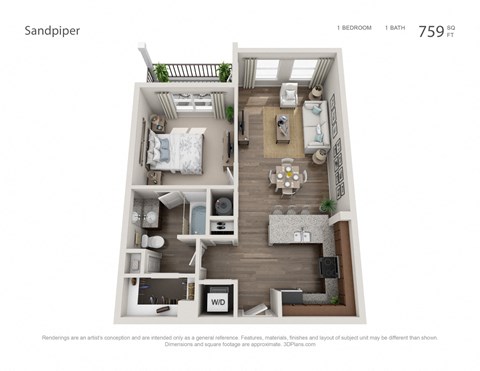 Floor plan for 1 bed, 1 bath, 759 sqft